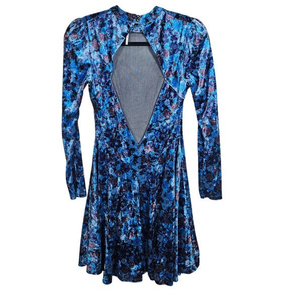 Free People Blue Velvet Floral Mini Dress XS Coquette Indie Academia Fall Look - Picture 3 of 9